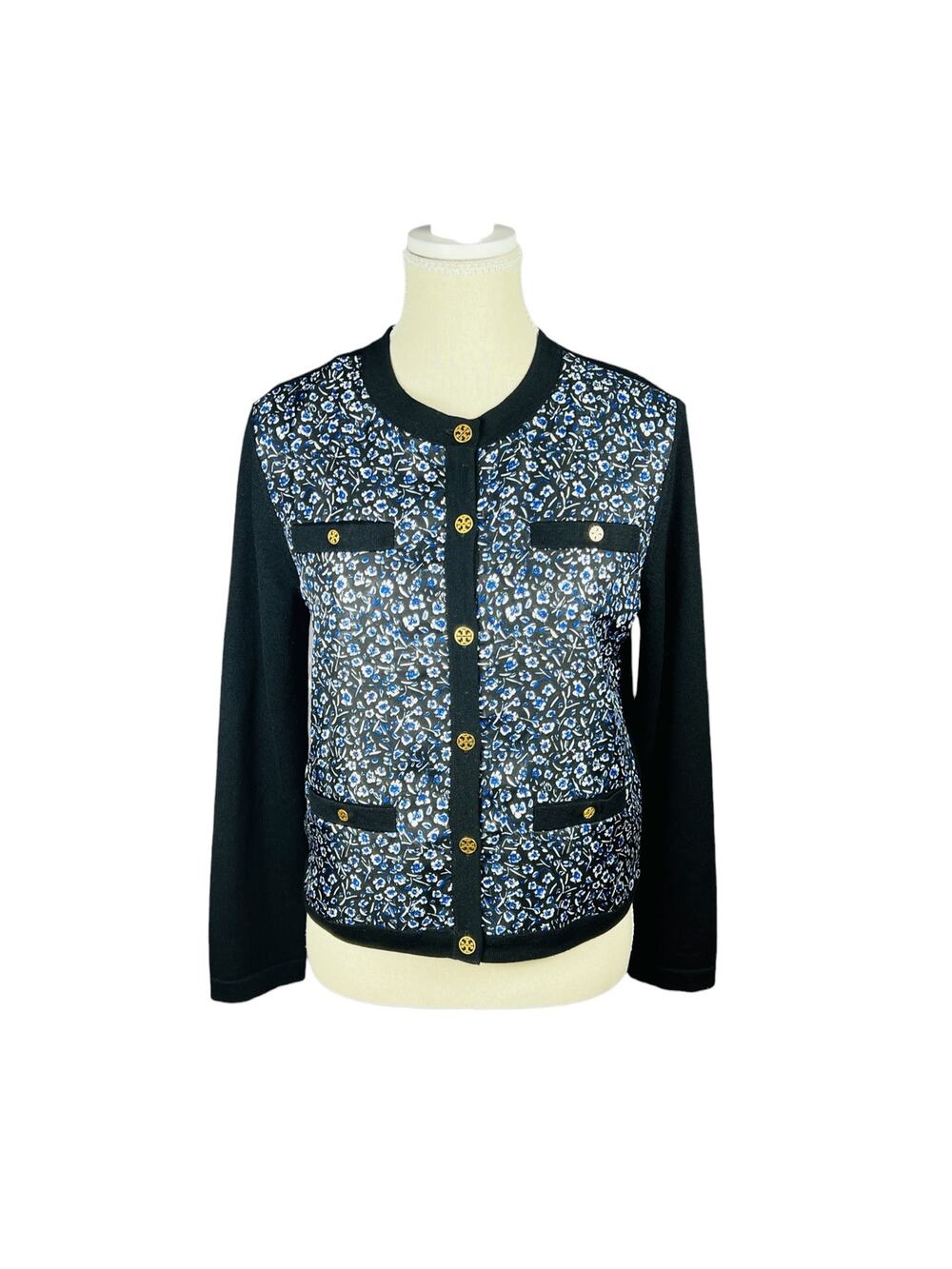 Tory Burch Kendra Black Floral Silk Front Merino Wool Cardigan Sweater M